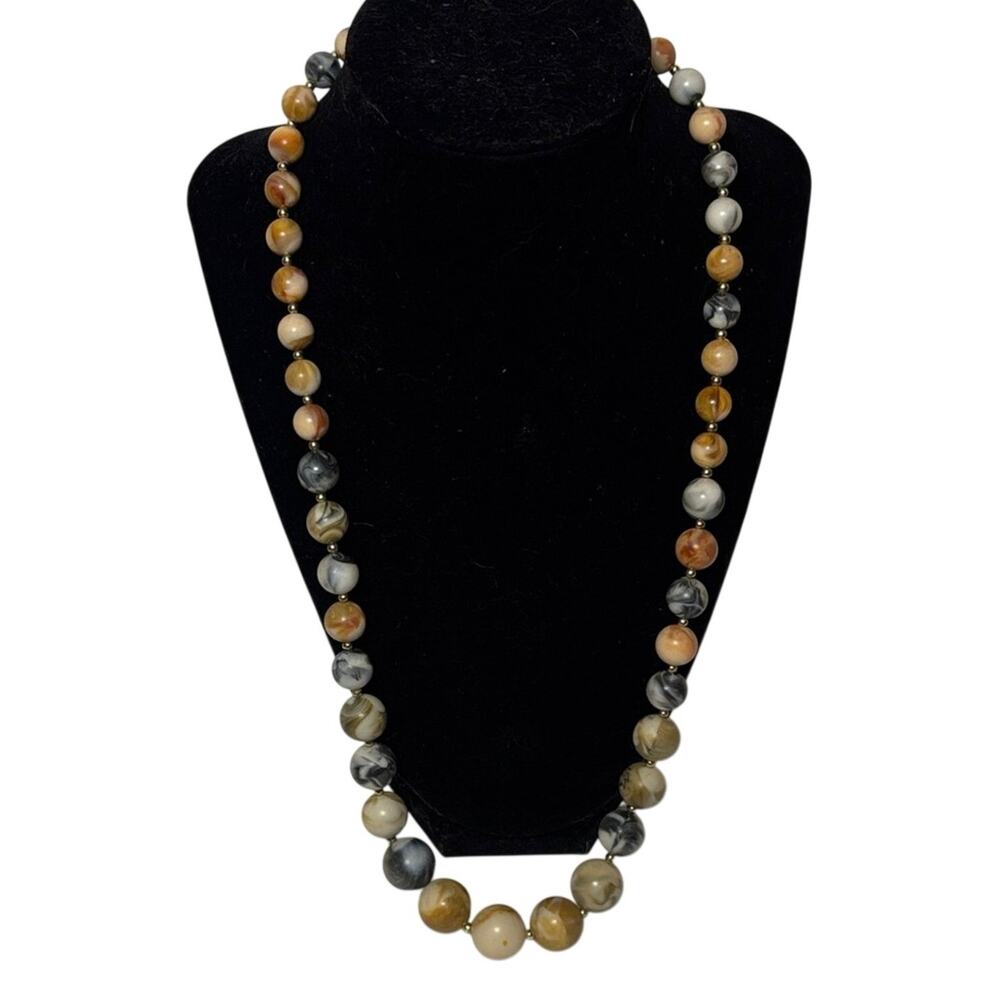 24” Marbled Acrylic Bead Necklace Brown Gray Cream Statement Boho Jewelry